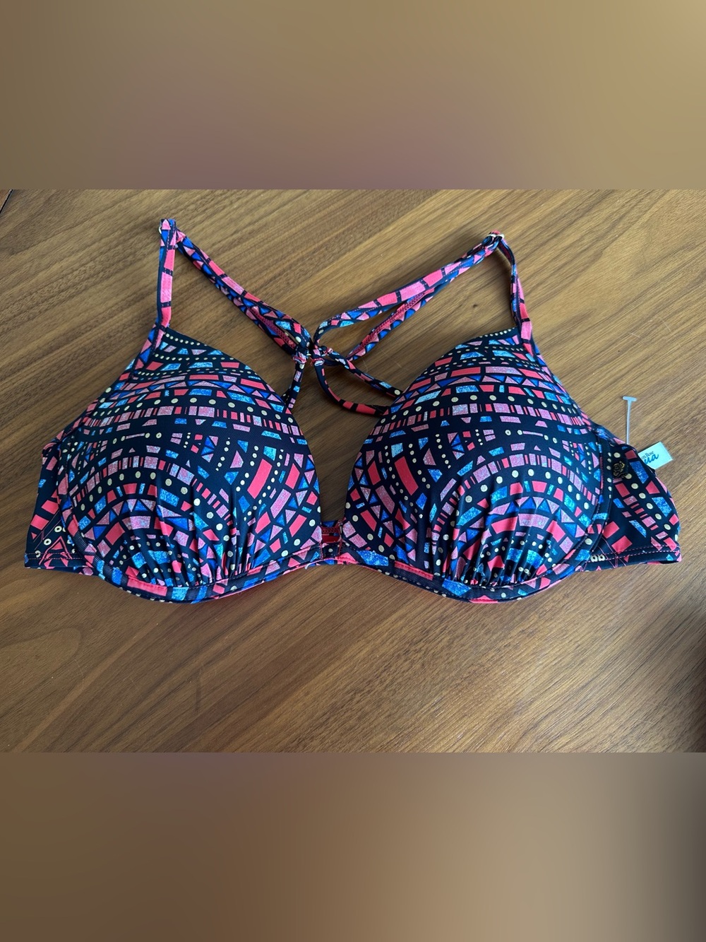 Black Geometric Push-Up Swim Top - Red & Blue Accents